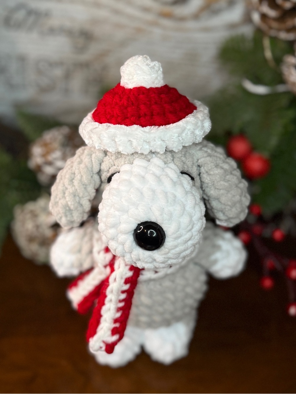 7 inch Plush Holiday Dog Toy — Gray, White & Red Cozy Knit
